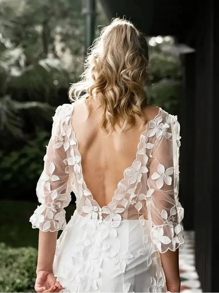 Elegante Korte Trouwjurken Hoge/Lage Kanten Appliques Backless Sweep Trein Driekwart Organza Bruidsjurk Voor Het Huwelijk