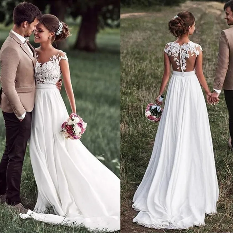 Vestido de novia con apliques de encaje para playa, nuevo vestido de novia con mangas de casquillo, botones laterales con abertura, Blanco/Marfil