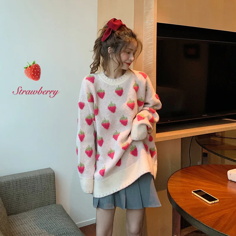 Sweet Cute Pink Cartoon Strawberry Peach Snowflake Knitted Sweater Women Loose Casual Pullover Sweater Winter Warm Woman Clothes