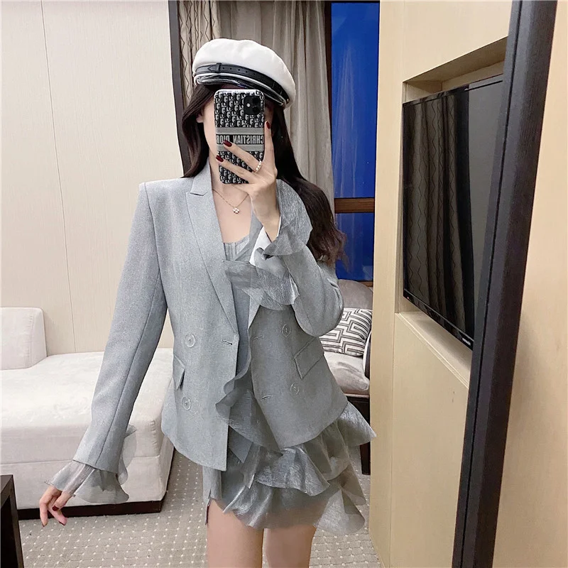 Autumn 2022 Gray Suit Dress Set Office Lady Elegant Slim Fit Ruffle Straps Mini Dress Female Long Sleeve Double Breasted Blazer