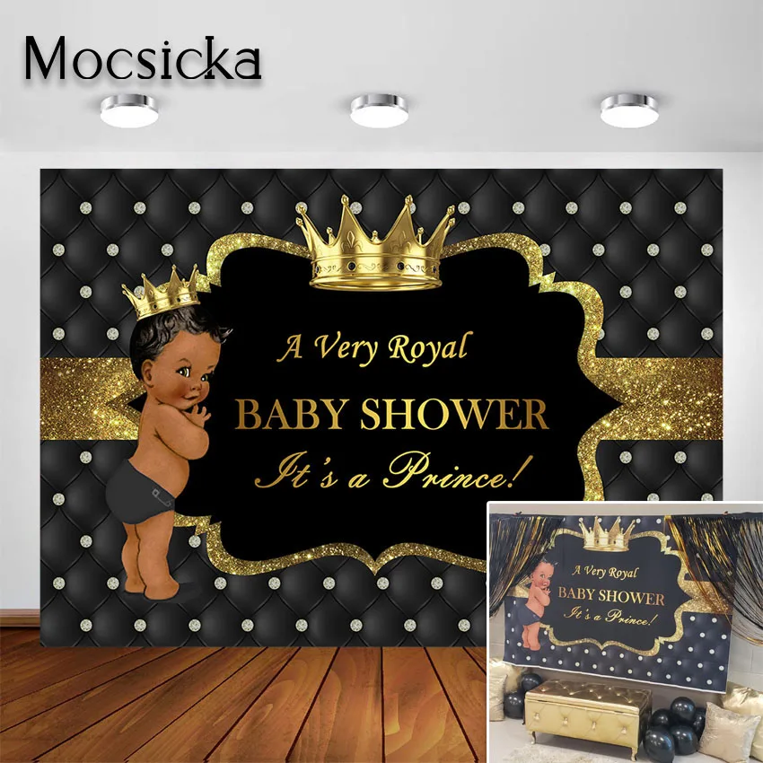 Mocsicka Royal Prince Baby Shower Photography Backdrop Gold Crown Little Prince Royalty Black Party Decoration Photo Background