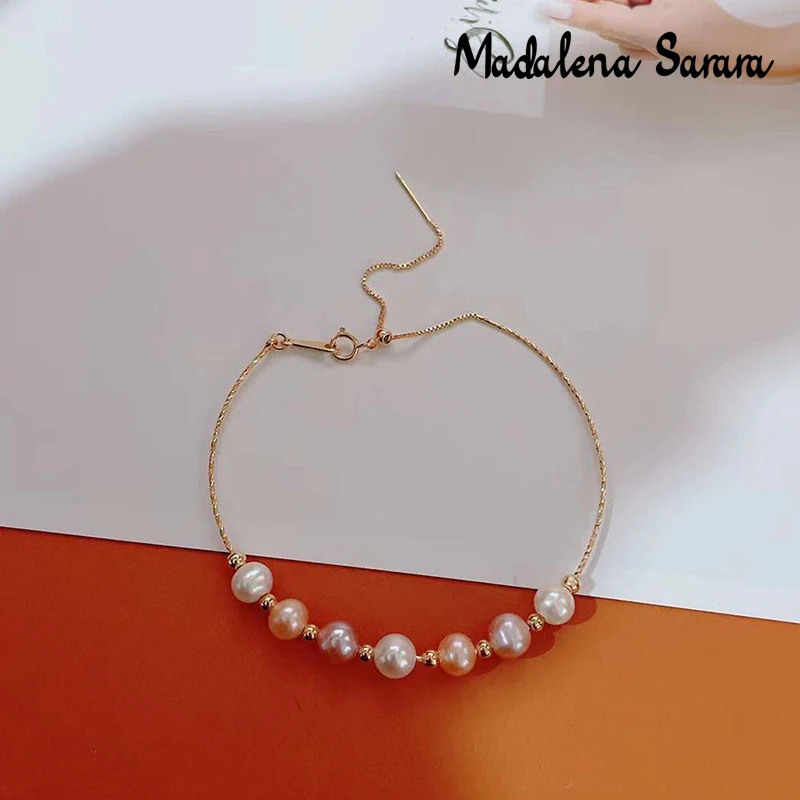 

MADALENA SARARA 18k Gold Women Bangle Single Row Colorful Pearls Handmade Adjustable High Quality Chain Au750 Yellow Gold