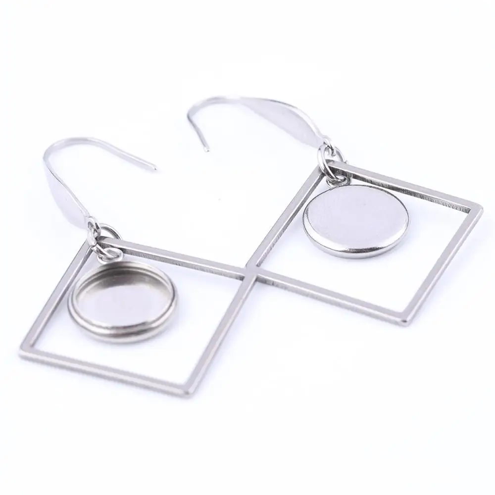 10pcs Fit 10mm Round Cabochon Earring Settings Diy Stainless Steel Blank Base Bezels With Square Frame Charms For Making
