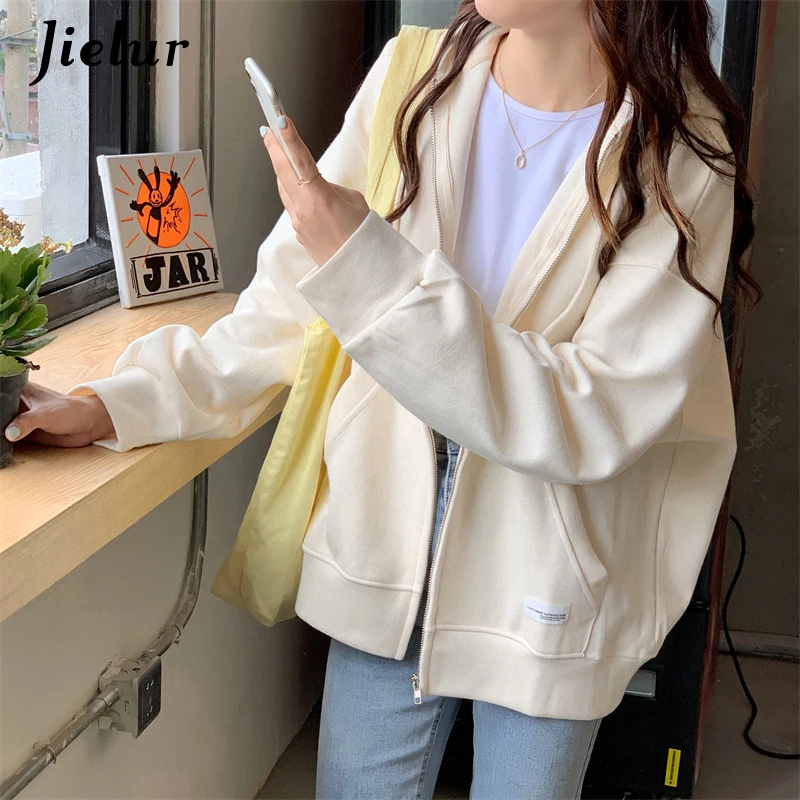 Jielur Autumn Chic Zip-up Hoodies Female Casual Street Loose Thin Blue Gray Apricot Sweatshirt Pocket Hooded Women Cardigans