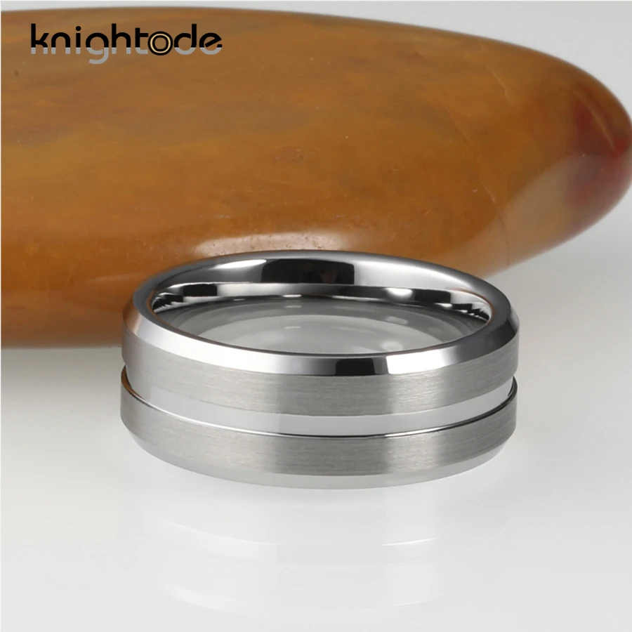 8mm Men's Tungsten Carbide Wedding Rings Center Grooves For Female Fashion Engagement Ring Beveled Edges Brushed Comfort Fit