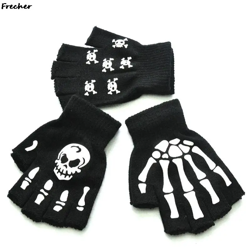 Mitaines d'Halloween pour Adultes, Gants d'Hiver Demi-Doigt, Squelette, Crâne, Brille dans la Nuit, Sans Doigts, 1 Paire