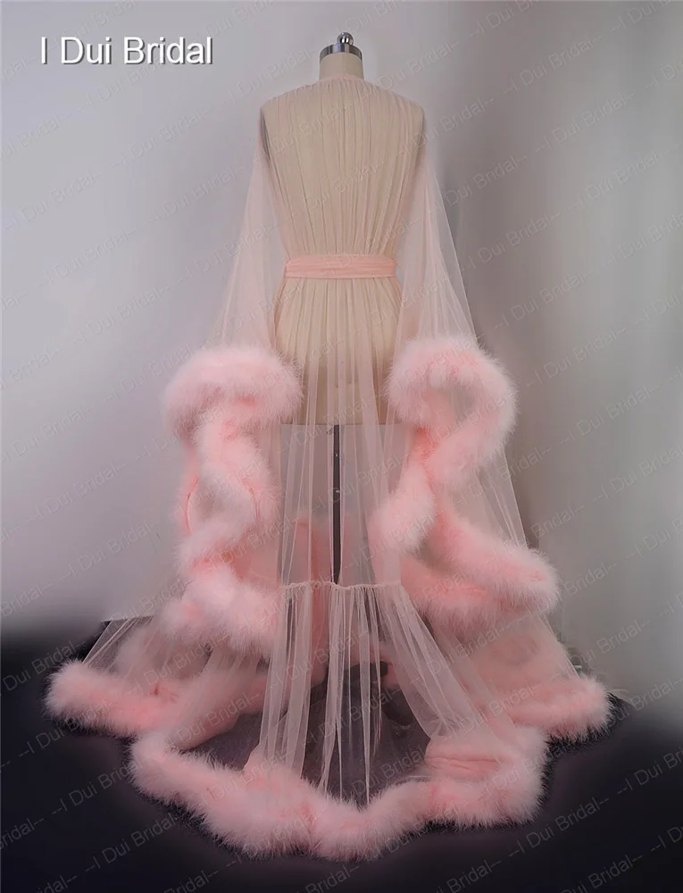 Extra Puffy Feather Robe Long Tulle Illusion Sheer Fur Wedding Gift Birthday Party Dress Photoshooting Wear Maternity Photograph