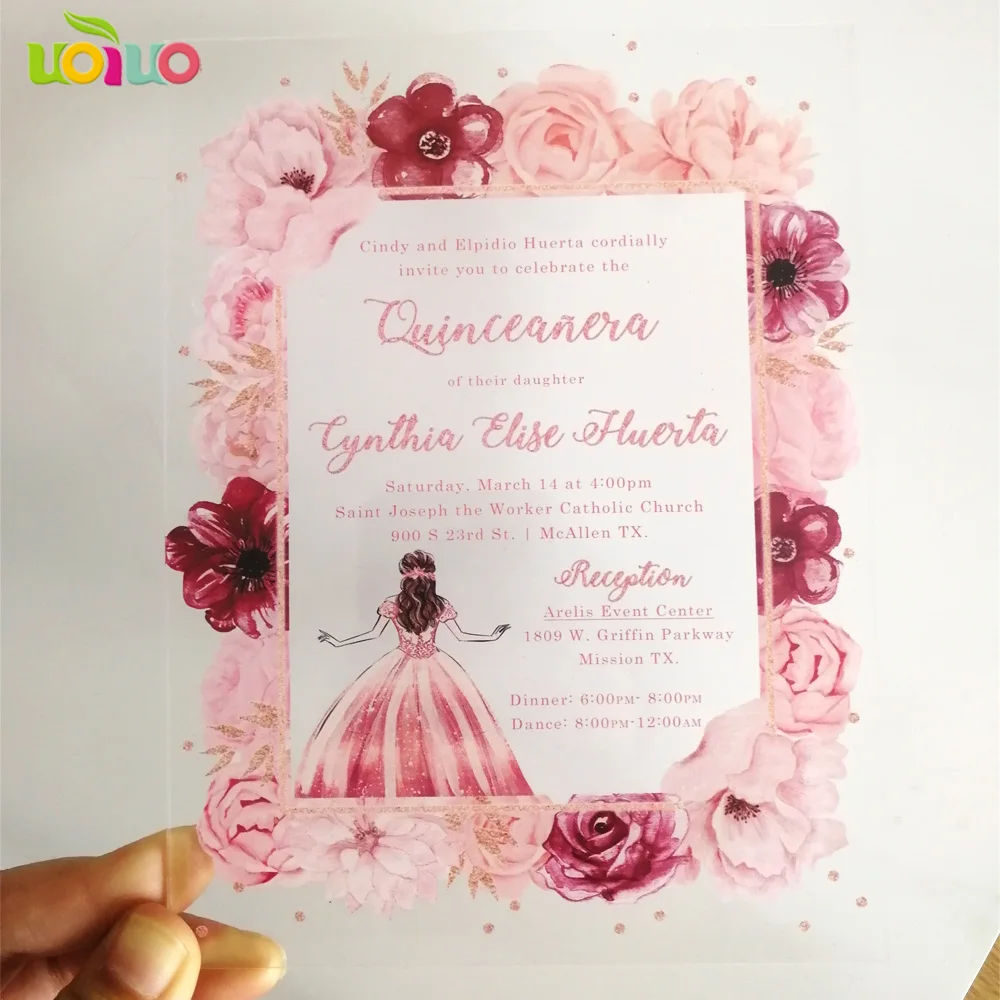 10pcs Colorful Printing Flower Quinceanera Invitation Card Acrylic Custom Wordings Birthday Invites image 4