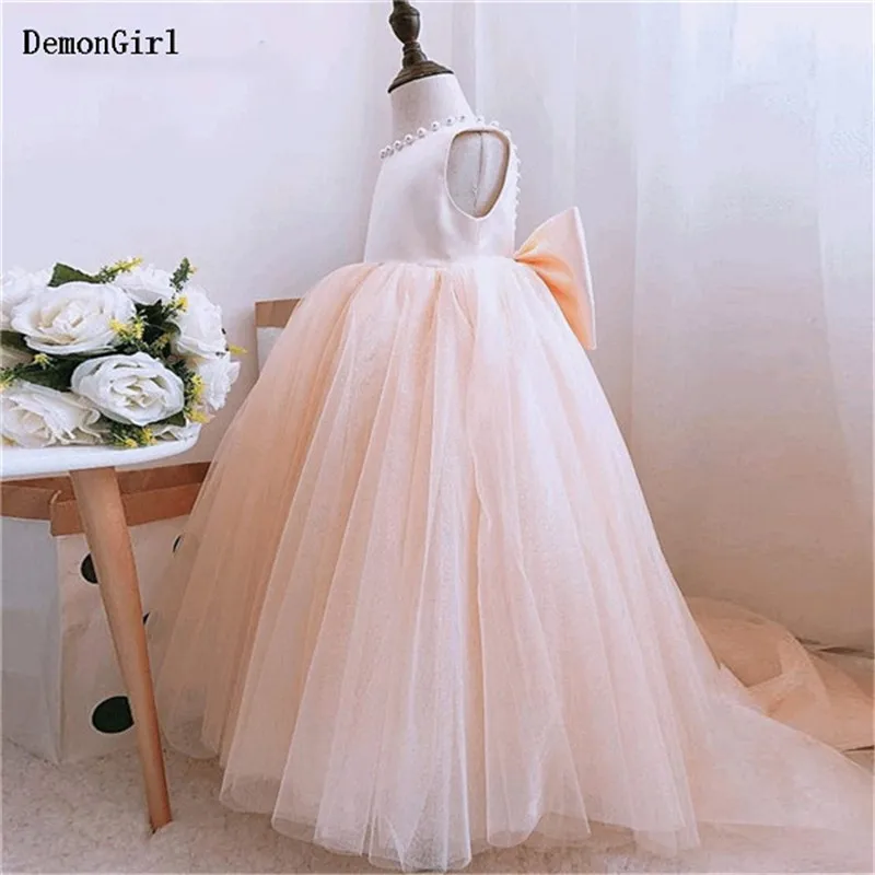 Champagne Long Flower Girl Dress Layers Tulle O Neck High Waist Kids Clothes Baby Girl Birthday Party Gowns Big Bow