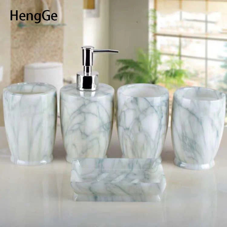 

Resin Home Bathroom Accessories Set European Style Creativity Five Piece Set Lotion Bottle Soap Box Toothbrushing Rack Mouth Cup