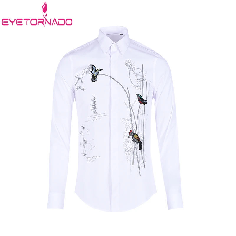 

Flower and Bird Embroidered Shirts Men Long Sleeve Wedding Party Groom Dress Shirt White Gentlemen Streetwear Men Shirts 4XL