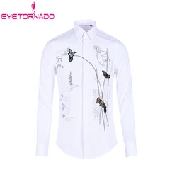 Flower and Bird Embroidered Shirts Men Long Sleeve Wedding Party Groom Dress Shirt White Gentlemen Streetwear Men Shirts 4XL