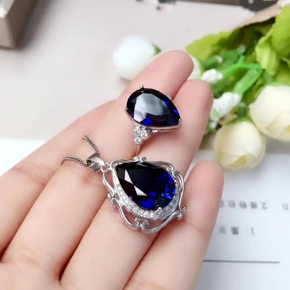 

exquisite tear drop style blue sapphire necklace and ring jewelry set for women real 925 silver natural gem girl valentine gift