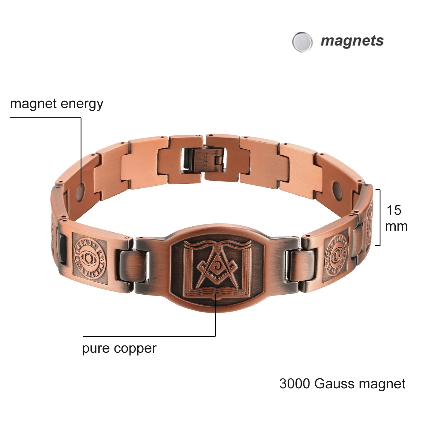 Pure Copper Bracelets for Men 15mm Health Energy Magnetic Therapy Bracelet Benefits Arthritis Relief Chain Link Bracelet Male