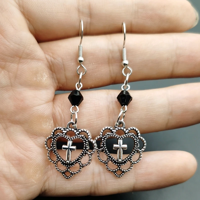 Gothic Punk Style Hollow Heart Cross Pendant Earrings Religion Dark Art Goth Jewellery Earrings for Women Rock Metal Gifts
