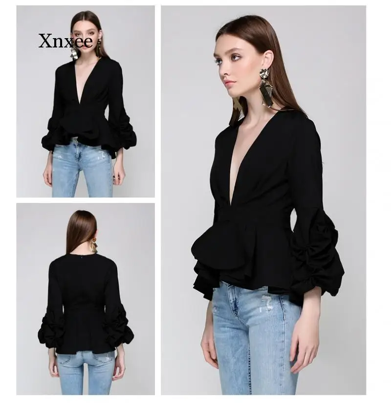 Womens High Waist Blouse Long Sexy Deep V-Neck Slim Ruffle Summer Female Elegant Shirt Puff Sleeve Top Fashion Clothing