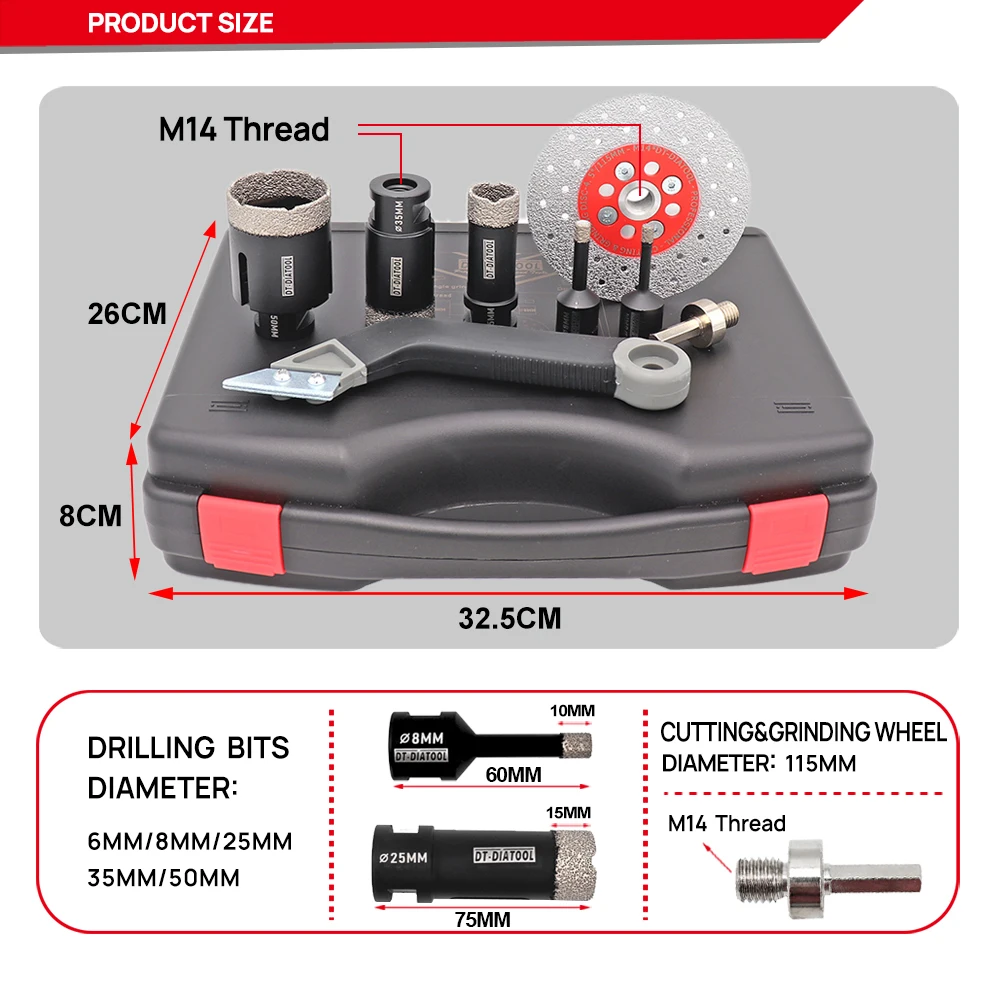 DT-DIATOOL 1set boxed Diamond Drill Core Bits double cutting grinding discs set for Porcelain Tile M14 thread Hole Saw