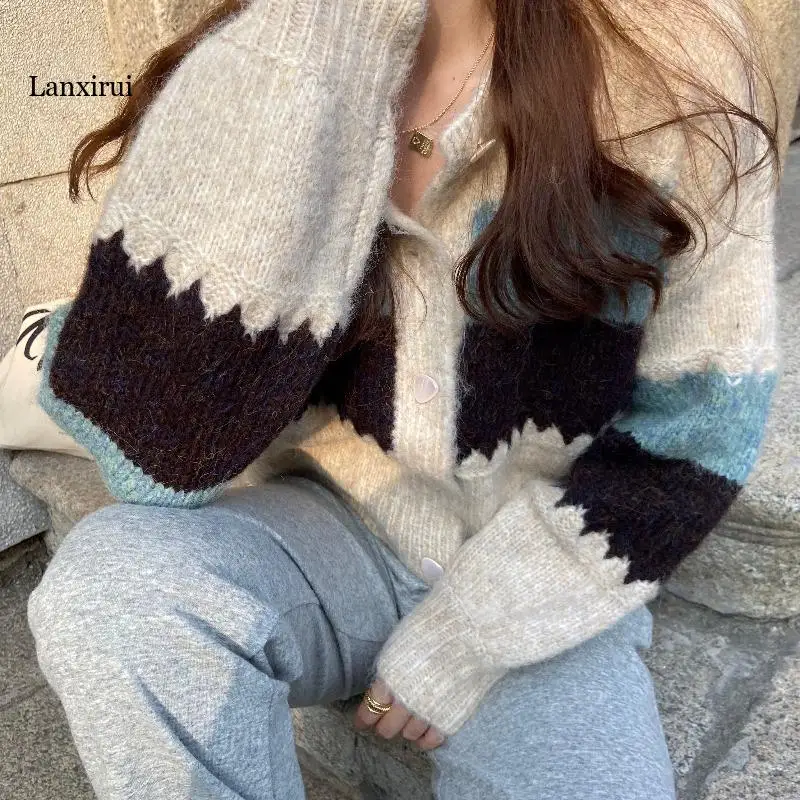 

Oversized Sweater Autumn Women Striped Short Sweaters Casual Loose Knitted Sweater Cardigan Knitted Cardigan Rebeca Punto Mujer