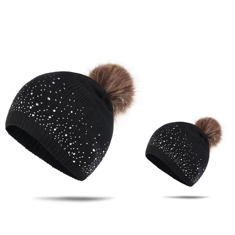 Parent-Child Winter Warm Knitted Hat Bonnet Sport Windproof Skullies Beanies Adult Child Hairball Point Drill Cap Skullcap W16