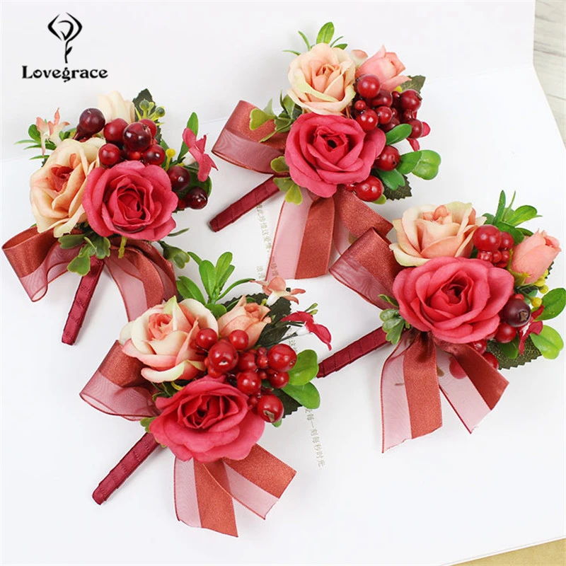 Lovegrace العريس Boutonniere العروس المعصم كورسيج وردة من الحرير البلاستيك بيري فتاة سوار الرجال كورسج الزفاف الديكور