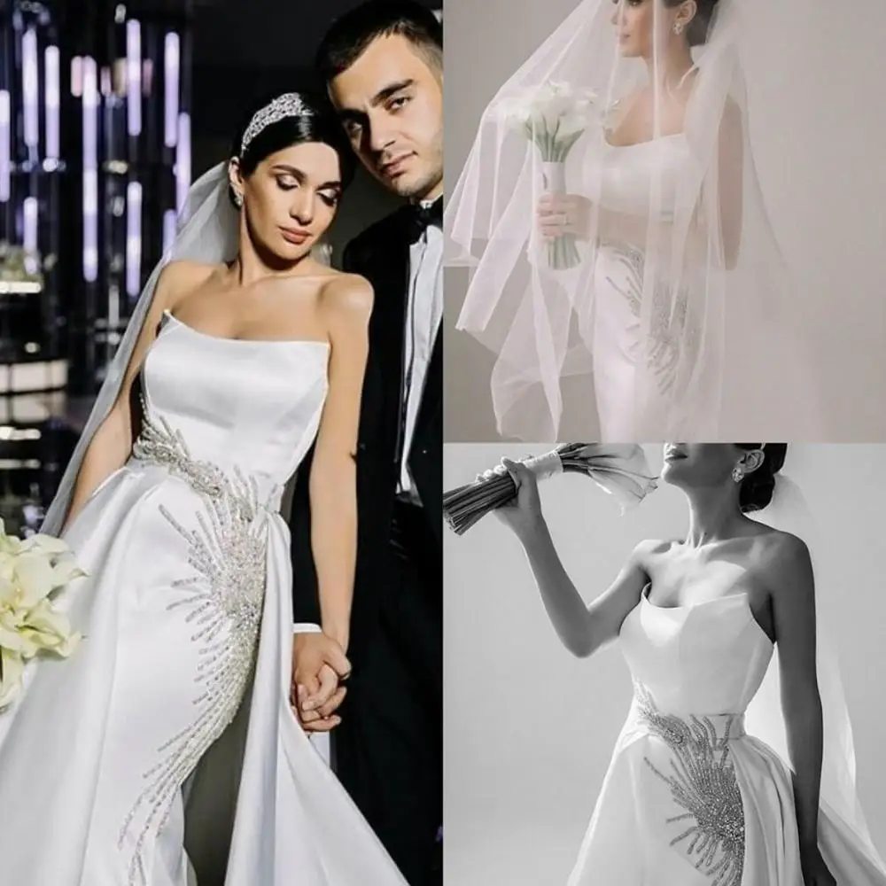 2020 Elegant Mermaid Wedding Dresses With Detachable Train Sexy Strapless Crystal Beading Bridal Gowns Sweep Train Satin Wedding