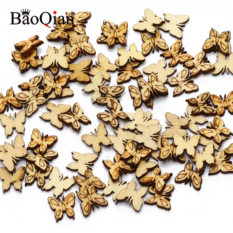 100 sztuk małe Butterfly Chips drewniane wycinanki rzemieślnicze ozdoby Home Decor Scrapbooking sztuka z drewna dekoracje ślubne 10*10mm