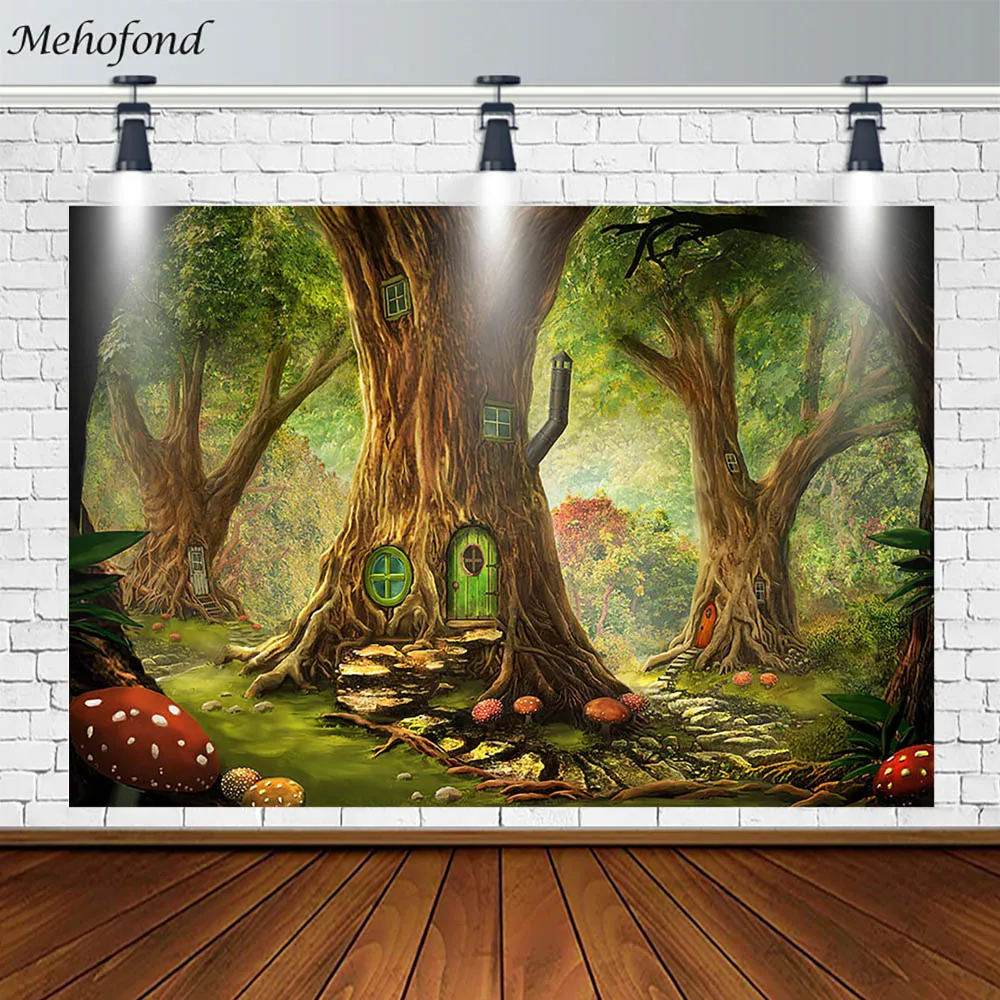 Mehofond Child Portrait Photography Background Props Green Fairy Forest Backdrop Tree House Photo Wallpaper Photozone Banner