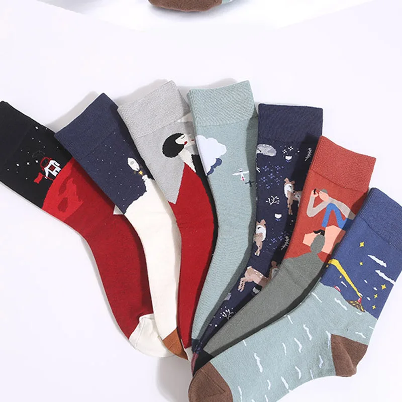 1 Pair Of Unisex Painting Style Crew Casual Socks Ladies Streetwear Skateboarding Sports Riding Fun Socks Cotton Size 36-44