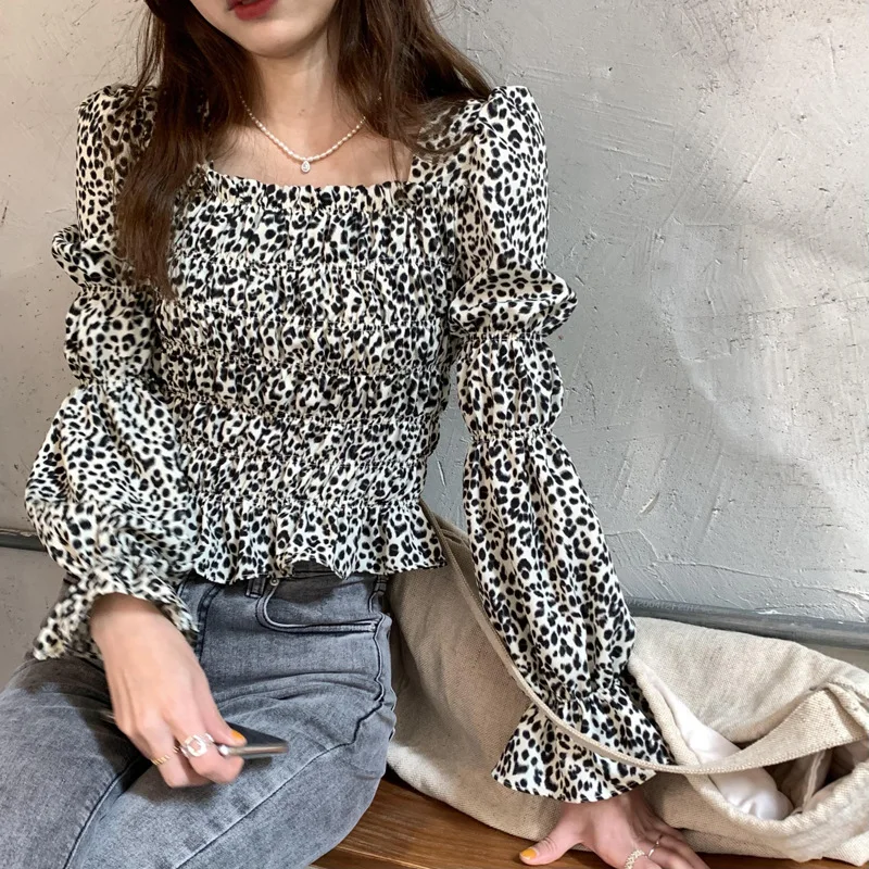 Mulheres Elegante Leopard Print Blusa Collar Square Camisa Puff Flare Manga Longa Pullover Tops Senhora do escritório Plissada Costura Blusa