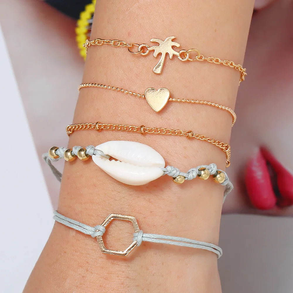 5 pcs/set Boho Vintage Sea Shell Bracelet Set Coconut Tree Heart Hexagonal Female Charm Bracelets For Women Jewelry Gifts