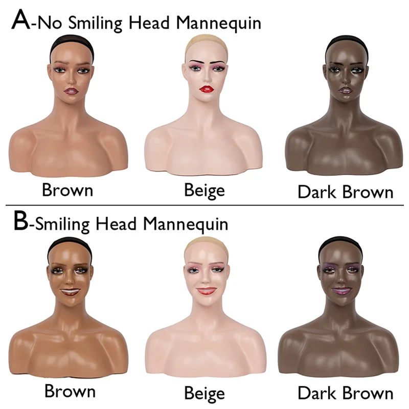 Nunify New Smile Face Maniquin Head For Wigs Female Dark Brown Realistic Wig Head Manikins Mannequin Head With Shoulders