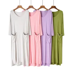 Novelty Nightdress Homewear Loose Women Modal Pajamas Sleepdress Spring New Solid Long Sleepwear Women Nightgown With Pocket