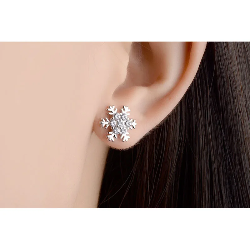 Mooie Bloem Zirconia Een Paar 925 Sterling Zilveren Sneeuwvlok Stud Oorbel Meisjes Accessoires Luxe Sieraden Gift Voor Vrouwen