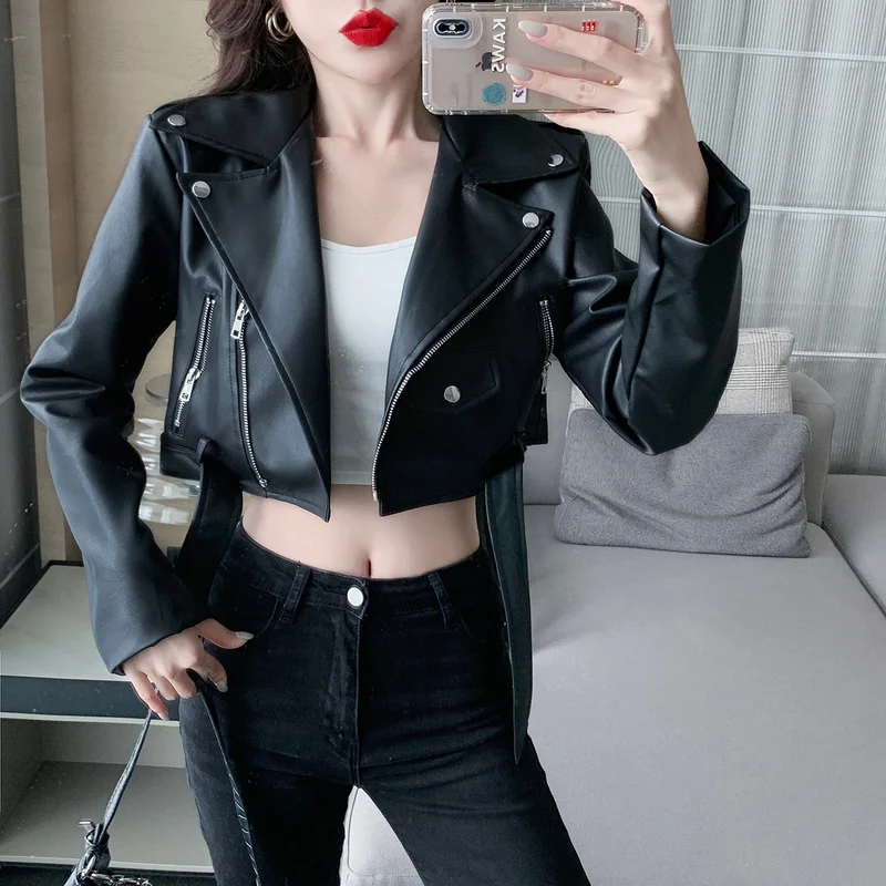 High Waist Moto Biker Casual Short Zipper Black Leather Jacket  Lapel Long Sleeve White Faux  Street Cardigan Top