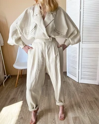 Women's Spring Cargo Jacket Two Piece Set Cotton Linen Outwear Coat+ Cargo Pant Suits Female Casual Loose Streerwear Suit Set