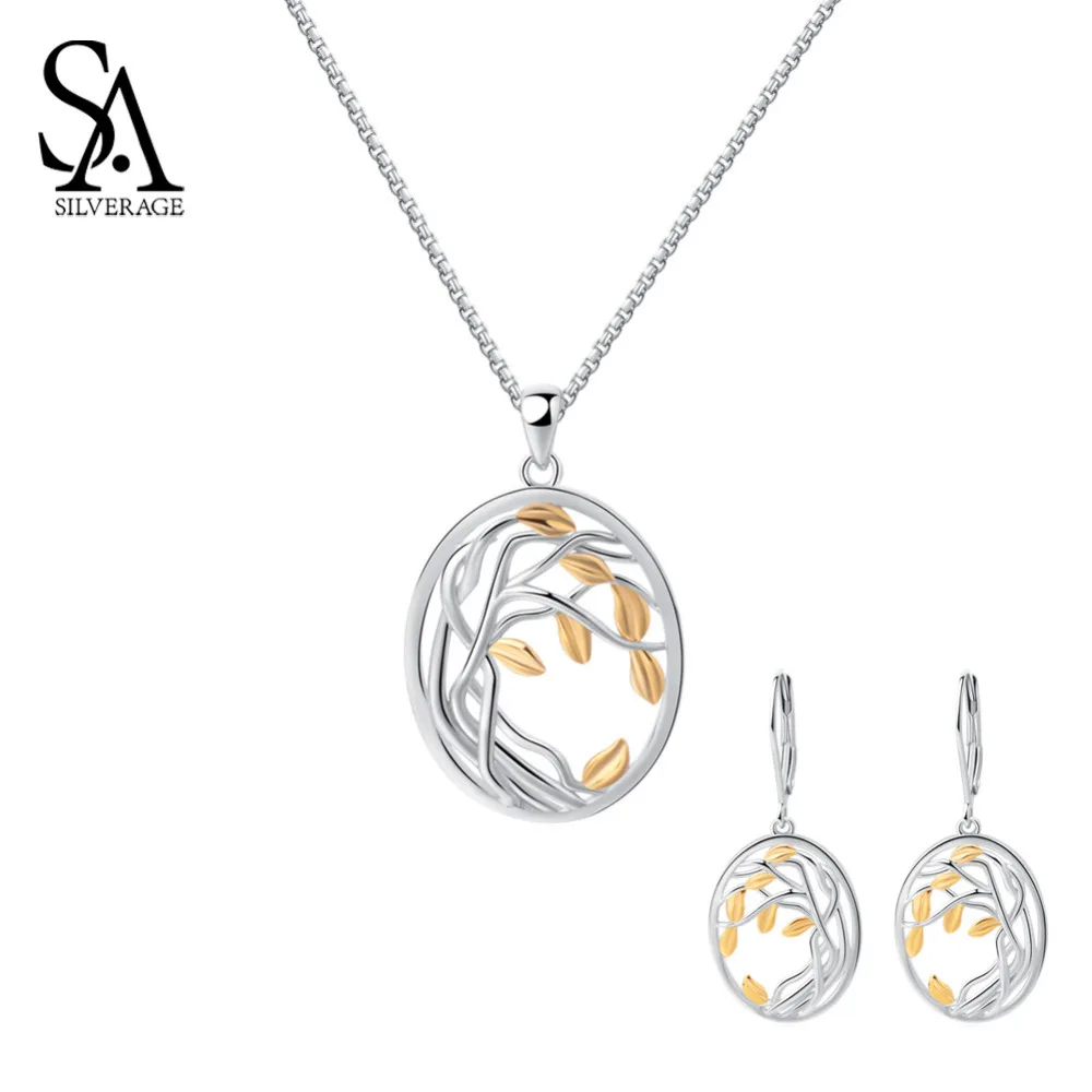 

SA SILVERAGE 925 Sterling Silver Yellow Gold Color Jewelry Sets for Woman Life Tree Pendant Necklaces Drop Earrings Sets