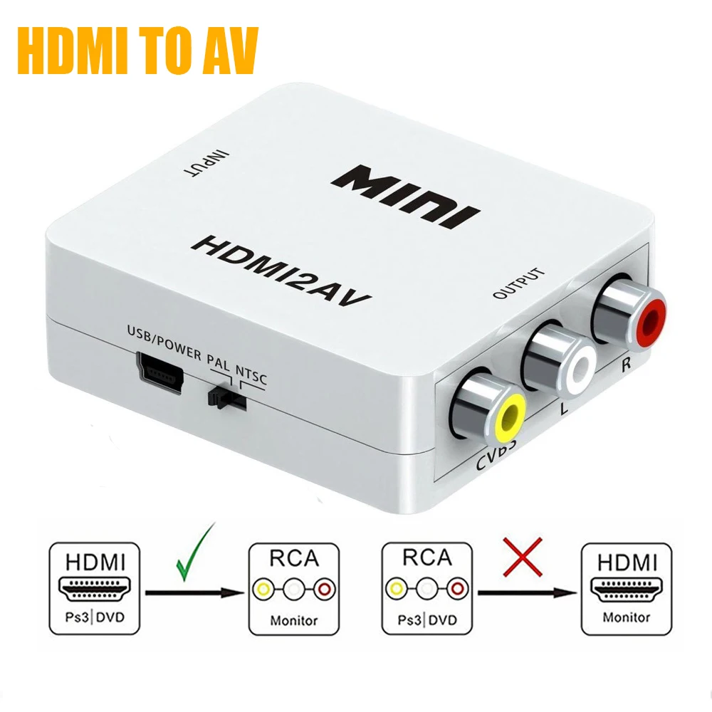 HDMI To RCA AV/CVBS Adapter HDMI Video Converter Box HD to RCA AV/CVSB L/R Video 1080P Mini HDMI2AV Support NTSC PAL
