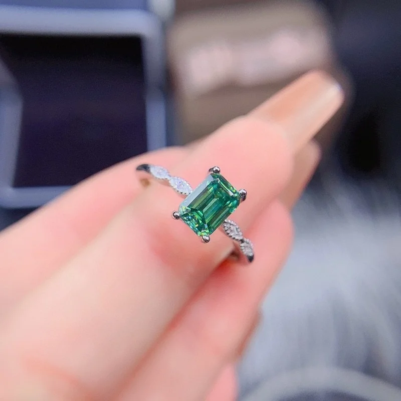 

Moissanite Ring with GRA Green Color VVS Excellent Cut Women Engagement Gift Diamond Real 925 Solid Silver