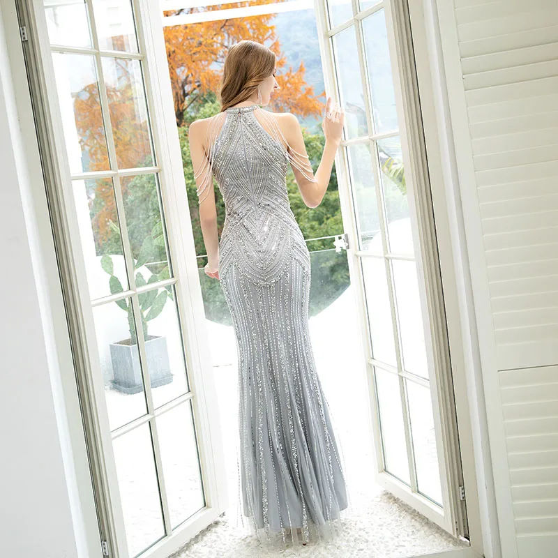 2020 Silver Long Evening Dresses Mermaid High Neck Beaded Sleeveless Formal Gowns Court Train Robe De Soiree YQLNNE