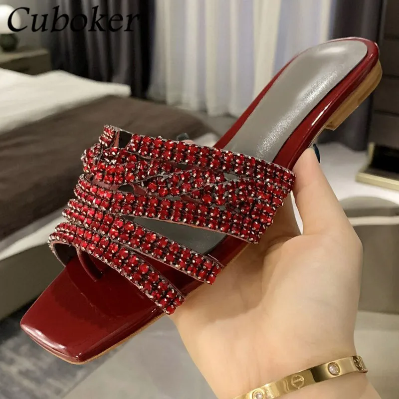 Brand Runway Square Toe Women Crystal Slippers Rhinestone Female Slides Flat With Bling Slippers Summer Party Dress Shoes Women