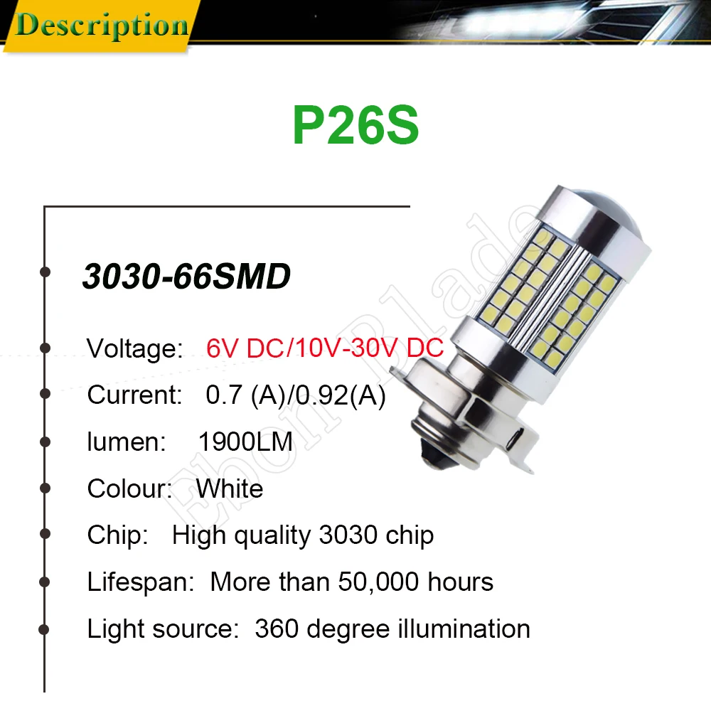 1Pcs P26S 66SMD LED Motorcycle Headlight Headlamp 6V 12V White Light Bulb For Moto Scooter Motorbike Moped ATV Front Head Lamp