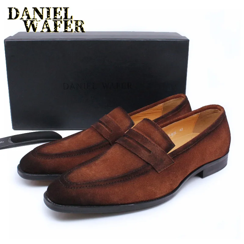 Luxury Men\'s Loafers Shoes Suede Leather Penny Loafer Slip On Brown Black Man Casual Shoe Office Wedding Dress Summer Shoes 2020