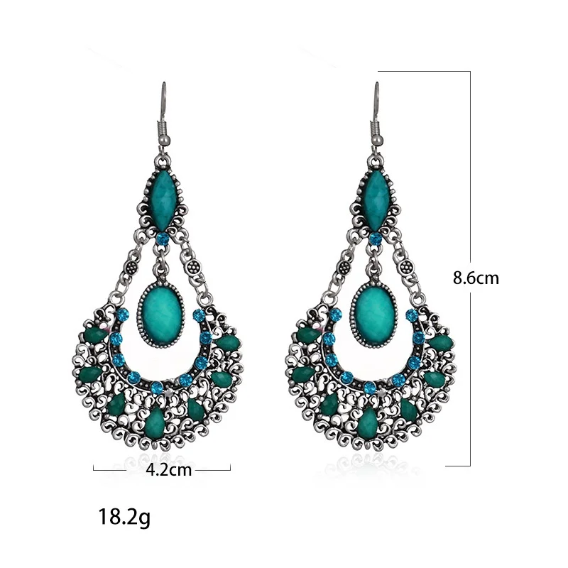 Ethnic Diamond Silver Color Big Sector Alloy Earrings Retro Turkish Boho Vintage Green Indian Jhumka Earrings