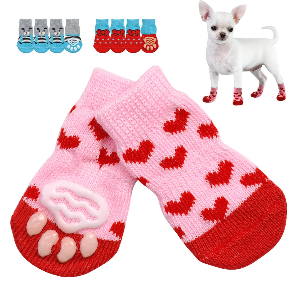 Christmas Cute Dog Knitted Socks for Small Dogs Cat Shoes Chihuahua Boots for Winter Warm Indoor Wear Slip On Paw Protector