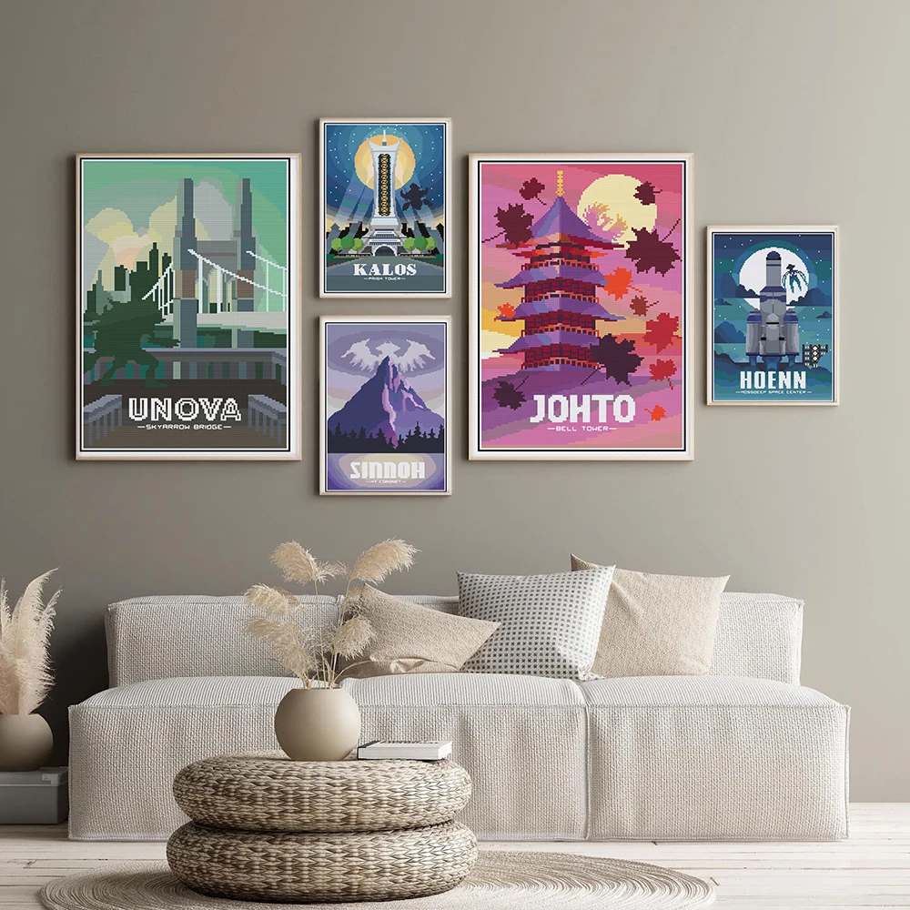 Classic Anime Tour Poster Galar Hoenn Johto Kalos Sinnoh Region Landscape Canvas Painting Child Pictures  Living Room Home Decor