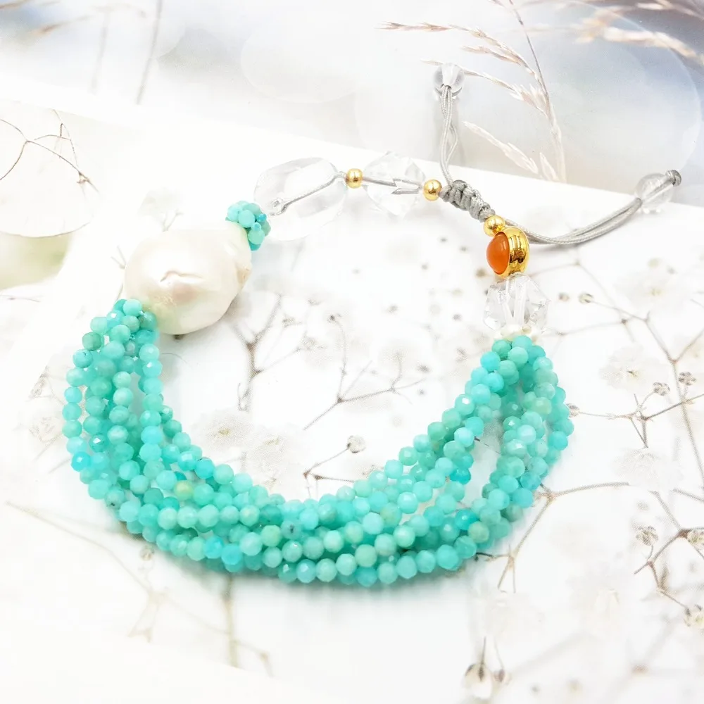 LiiJi Unique Natural Stone Shining Amazonite Baroque Pearl Clear Quartzs Carnelians Fashion Bracelet