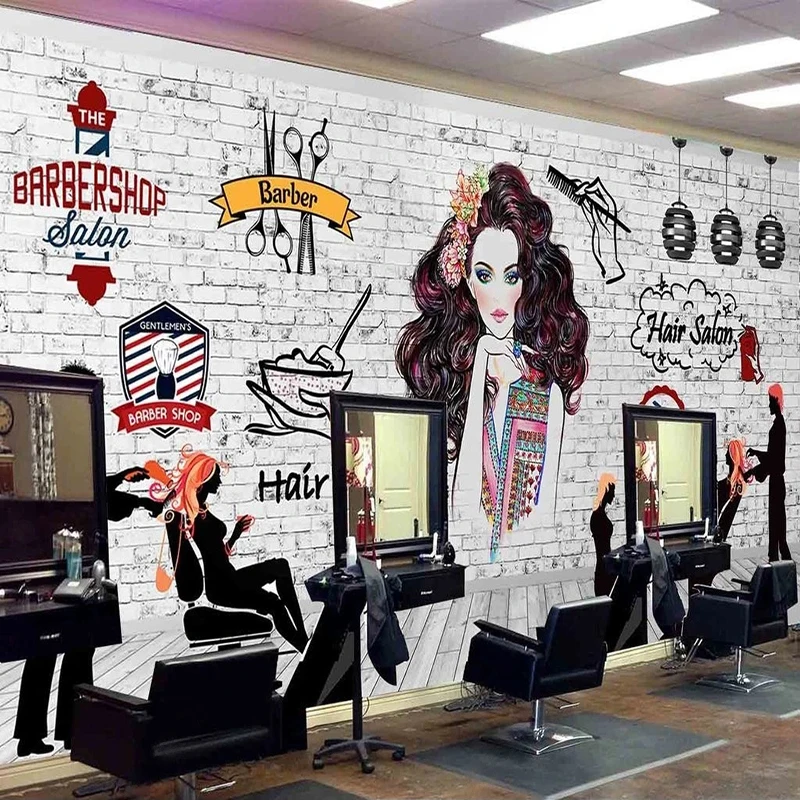 Cartoon Barber Shop European American Industrial Style Cement Murals Wall Cloth Backdrop Wall Decor Waterproof Wall Paper For 3D