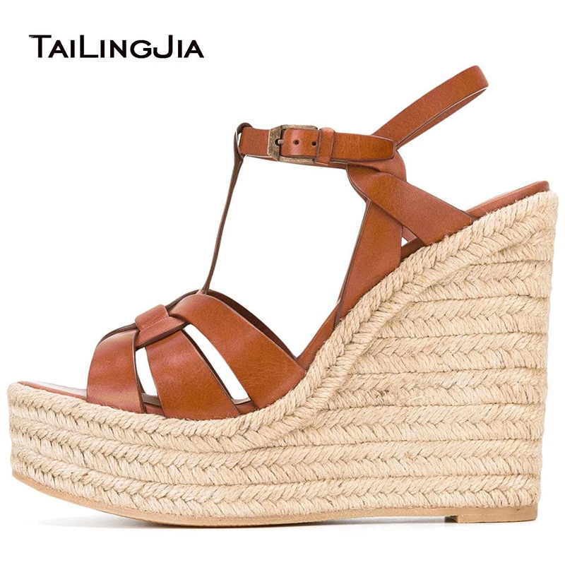 

Brown Espadrille Sandals Women Wedge Shoes Platform High Heel Sandal White Rope Heels Black Ladies Summer Shoe 2019 Footwear