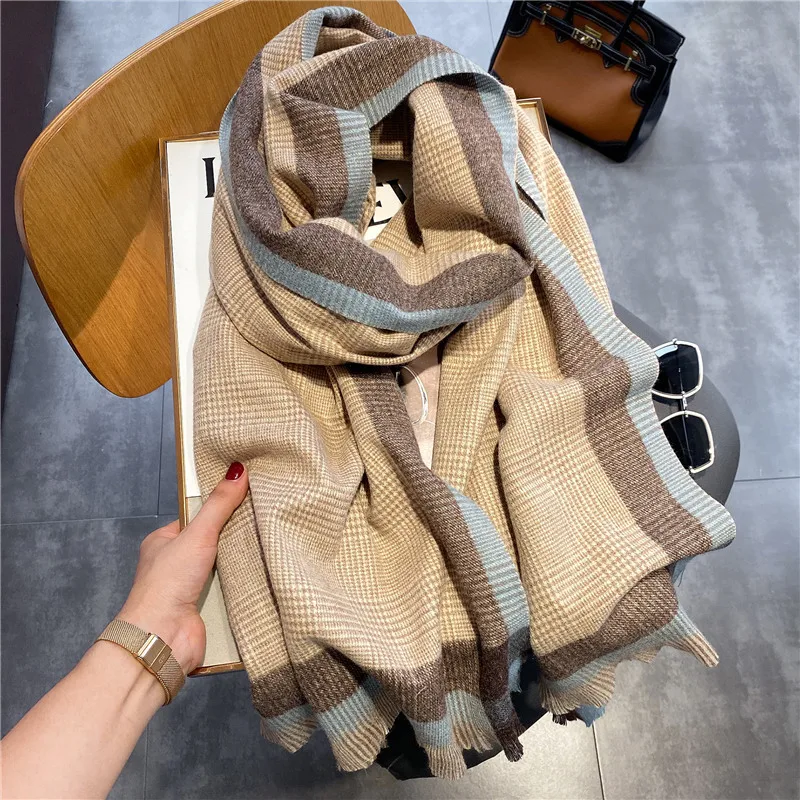 Luxury Brand Winter Plaid Women\'s Cashmere Scarf Warm Shawls and Wraps Thicked Wool Pashmina Female Blanket Scarves