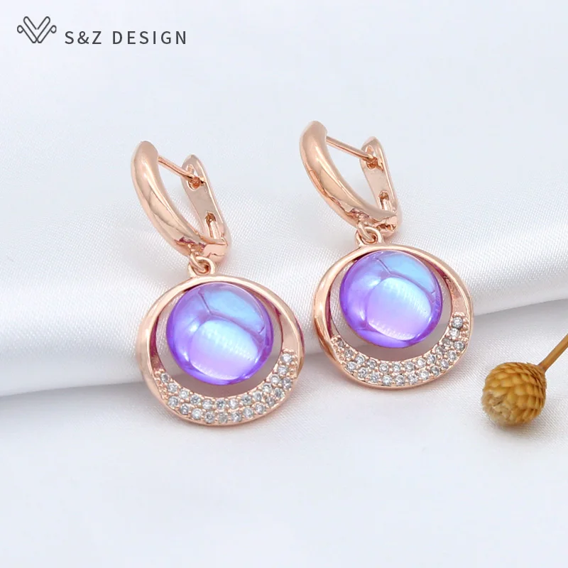 S&Z DESIGN New Trendy 585 Rose Gold Color Cubic Zirconia Round Crystal Dangle Earrings For Women Wedding Jewelry Gift